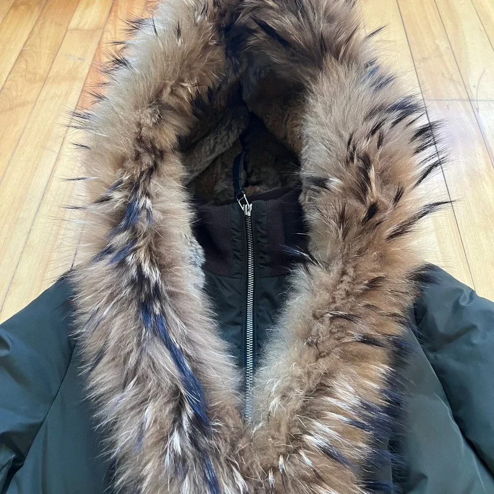 Mackage Akiva Down Puffer Coat Fur Hood Olive Green Asymmetrical Zip Size Small - Picture 4 of 11